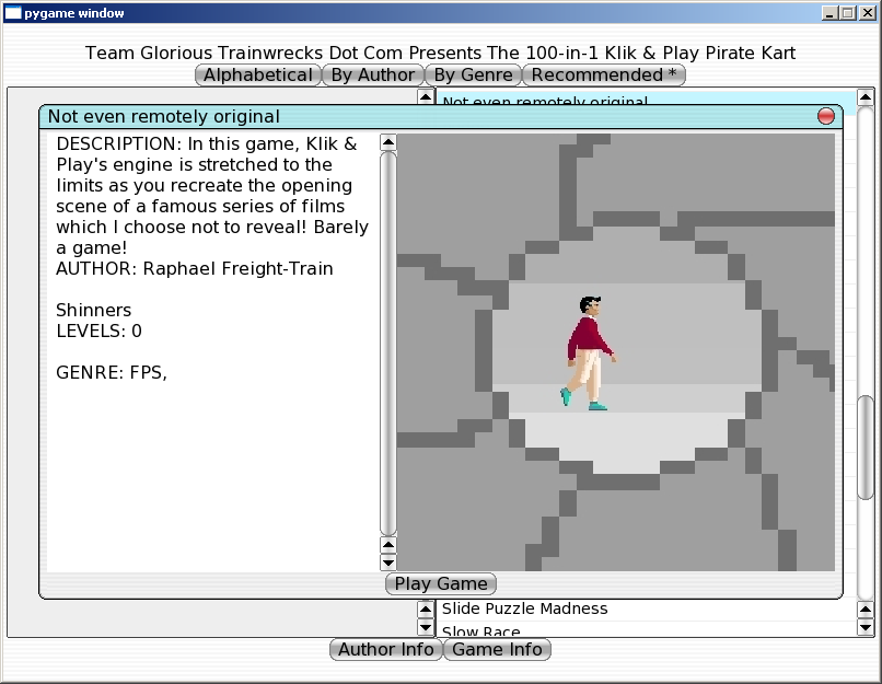 100-in-one Klik & Play Pirate Kart (Windows) screenshot: Information about Not Even Remotely Original