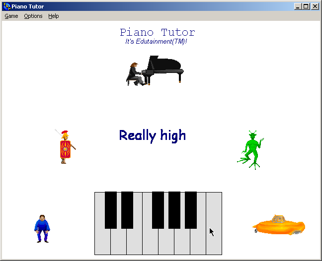100-in-one Klik & Play Pirate Kart (Windows) screenshot: Piano Tutor features extremely unusual notes for the higher register