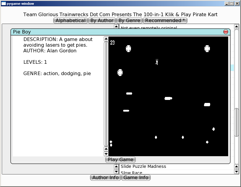 100-in-one Klik & Play Pirate Kart (Windows) screenshot: Information about Pie Boy