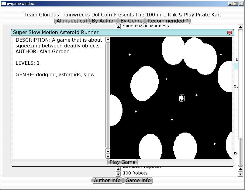 100-in-one Klik & Play Pirate Kart (Windows) screenshot: Information about Super Slow Motion Asteroid Runner
