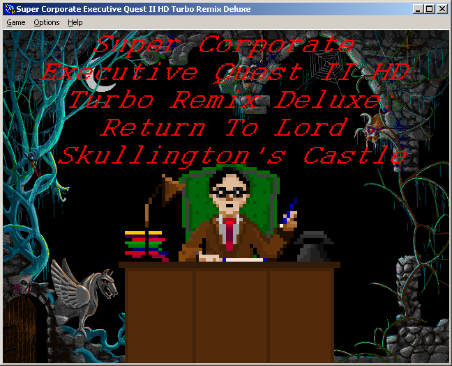 100-in-one Klik & Play Pirate Kart (Windows) screenshot: Super Corporate Executive Quest II HD Turbo Remix Deluxe: Return to Lord Skullington's Castle (phew!) title screen
