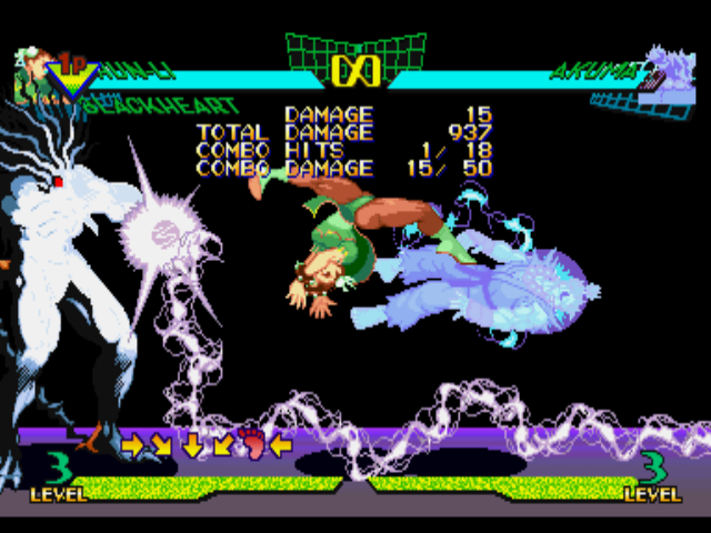 Marvel Super Heroes vs. Street Fighter (PlayStation) screenshot: A new Training Mode session with Chun-Li (assisted by Blackheart's Dark Thunder) doing a Hazan Shu.