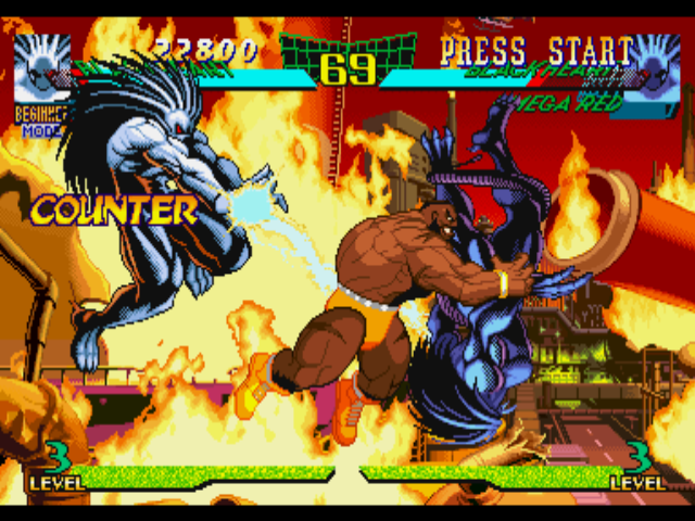 Marvel Super Heroes vs. Street Fighter (PlayStation) screenshot: While P1 Blackheart does a lightning move, Zangief attacks P2 Blackheart using his Flying Powerbomb.