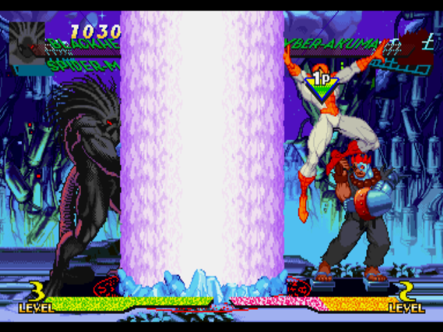 Marvel Super Heroes vs. Street Fighter (PlayStation) screenshot: And Blackheart starts to perform his Inferno attack (Ice version) against a defensive Cyber-Akuma...
