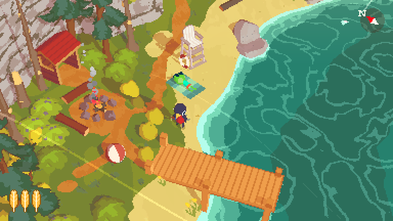 A Short Hike (Windows) screenshot: The beach at Meteor Lake - I really like those subtly animated campfires.