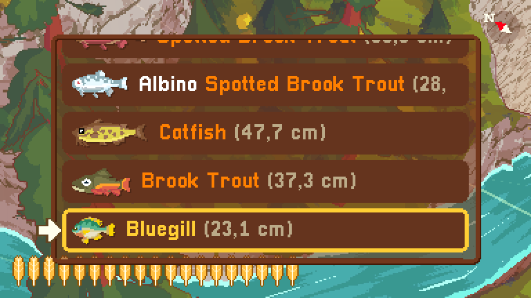 A Short Hike (Windows) screenshot: The fishing journal can provide hints on where to find species you haven't found yet. One you catch at least one fish from each species...