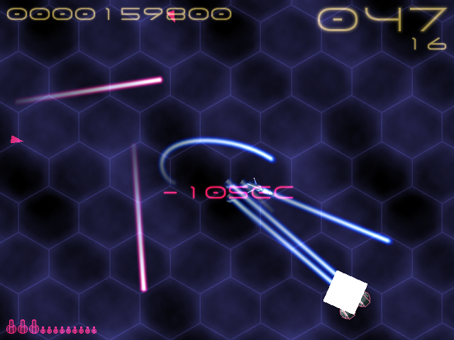 Ray-Hound (Windows) screenshot: The player's ship gets hit with a pink energy beam, penalty is 10 seconds