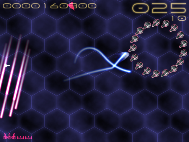 Ray-Hound (Windows) screenshot: A circular formation of enemy turrets forms just in front of the player's ship
