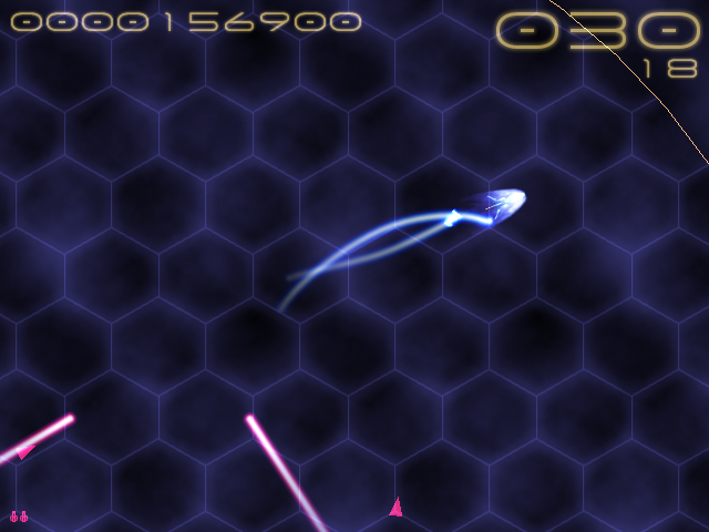 Ray-Hound (Windows) screenshot: Two captured (blue) beams follow the player until they hit a turret or are let go.