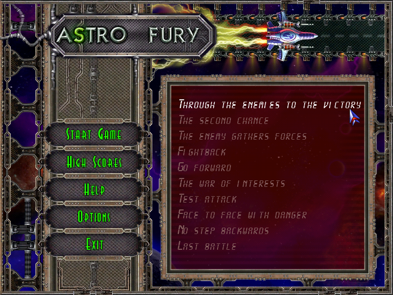 Astro Fury (Windows) screenshot: Stage Select. Unfortunately there's no level select so you'll have to start from the beginning of the last stage you unlocked.