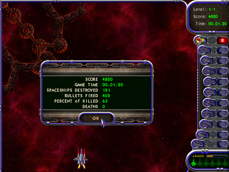 Astro Fury (Windows) screenshot: End of level stats.