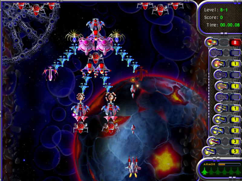 Astro Fury (Windows) screenshot: Stage 8's giant robot with big pink chesticles.