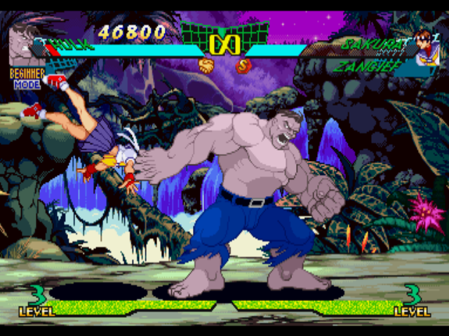 Marvel Super Heroes vs. Street Fighter (PlayStation) screenshot: Sakura Kasugano's counterattack attempt being interrupted by Hulk's grabbing attack Gamma Tornado...
