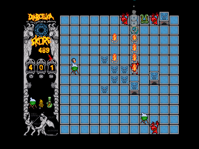Diabolika (Windows) screenshot: The canon, having discharged, disappears, but on the left you can see its cannonball about to hit the explosive flask.