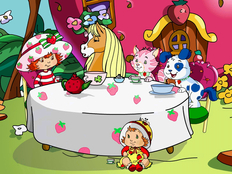 Strawberry Shortcake: Amazing Cookie Party (Windows) screenshot: Intro - Strawberry has a tea party in front of her house