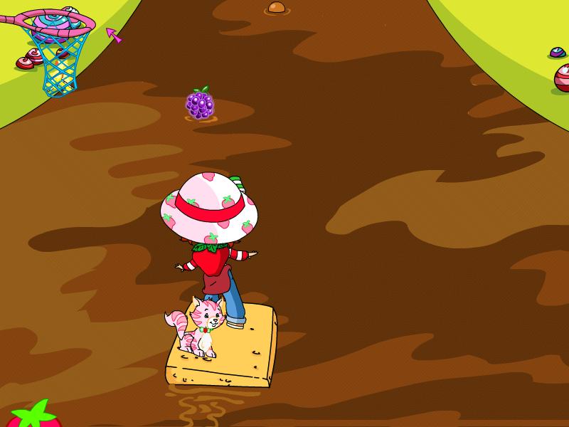 Strawberry Shortcake: Amazing Cookie Party (Windows) screenshot: Rafting down the River Fudge, aiming for a magic berry