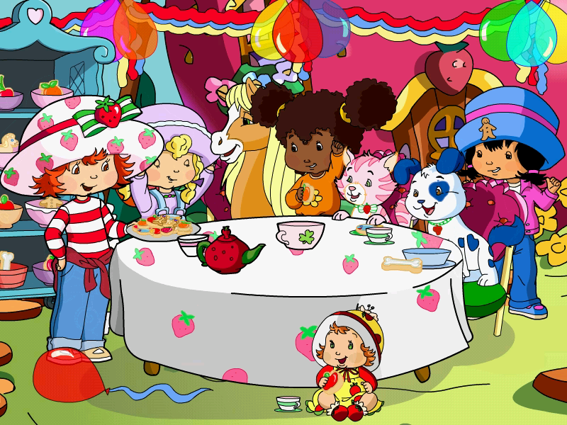 Strawberry Shortcake: Amazing Cookie Party (Windows) screenshot: Strawberry's cookie party is a success! Guess who likes the fish pops.