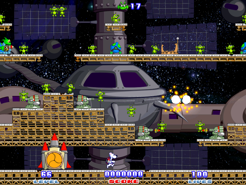 Snowy: Space Trip (Windows) screenshot: The final world. Watch those rockets collide into each other.