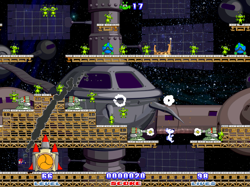 Snowy: Space Trip (Windows) screenshot: Snowy's about to eat a face full of rocket.