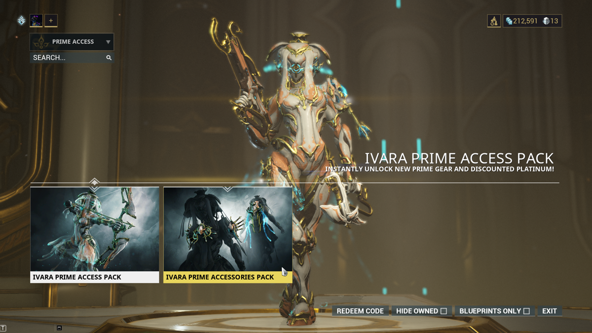 Screenshot of Warframe Ivara Prime Access Accessories Pack (Windows