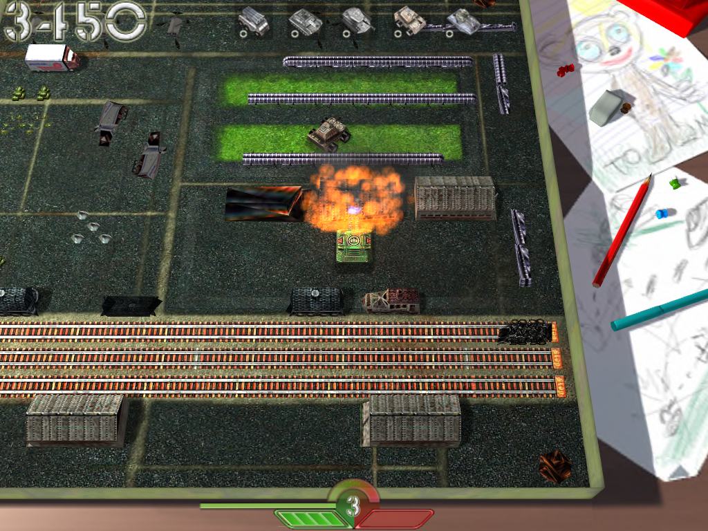 Tank-O-Box (Windows) screenshot: The gaslines on the ground present a new danger.