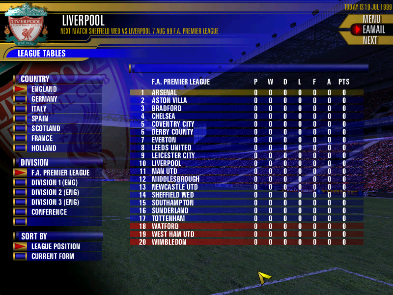 The F.A. Premier League Football Manager 2000 (Windows) screenshot: League table