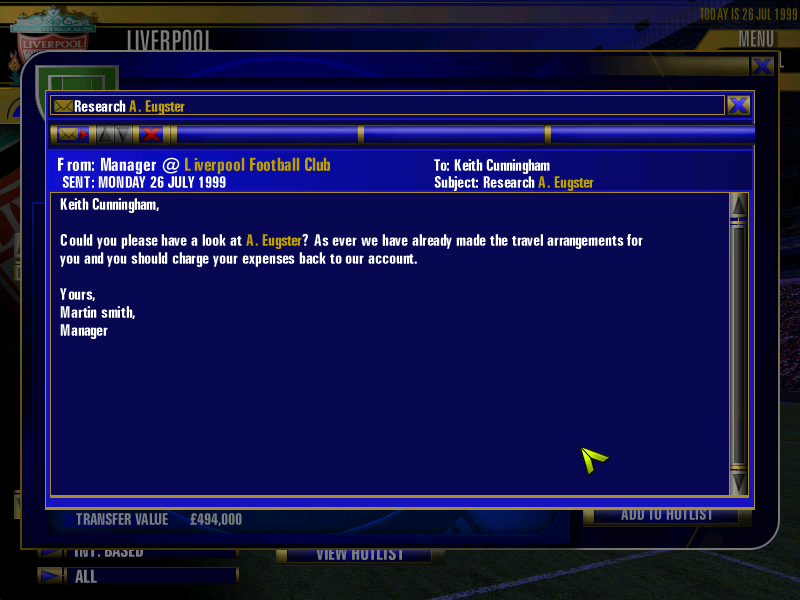 The F.A. Premier League Football Manager 2000 (Windows) screenshot: Assigning a scouting duty.