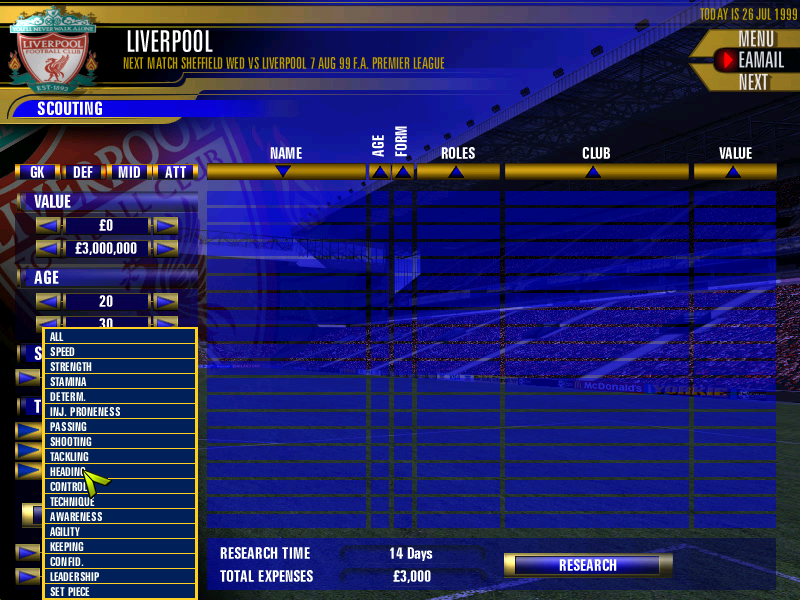 The F.A. Premier League Football Manager 2000 (Windows) screenshot: Searching for a player who fits defined criterea.