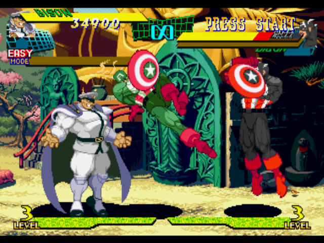 Marvel Super Heroes vs. Street Fighter (PlayStation) screenshot: Instead to use one of his special moves against P2 U.S. Agent, Bison uses a simple Crossover Attack.