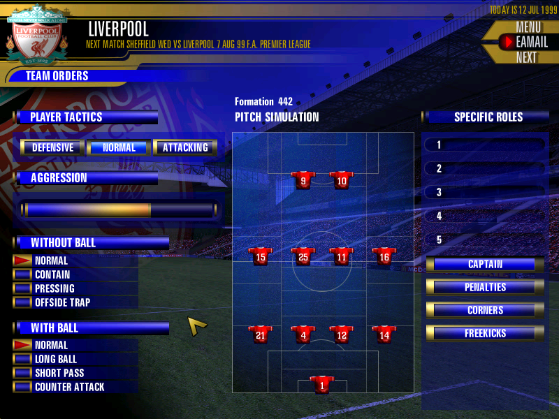 The F.A. Premier League Football Manager 2000 (Windows) screenshot: Formation and tactics