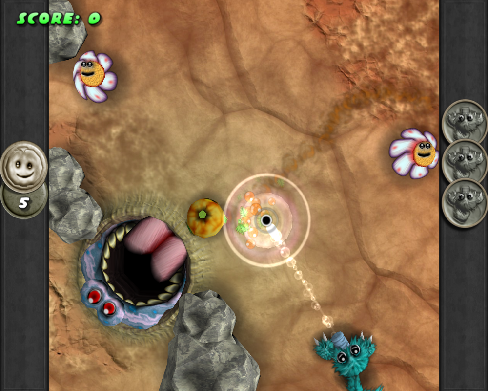 Bliss Island (Windows) screenshot: Feeding the Jigoka monster with fruit.
