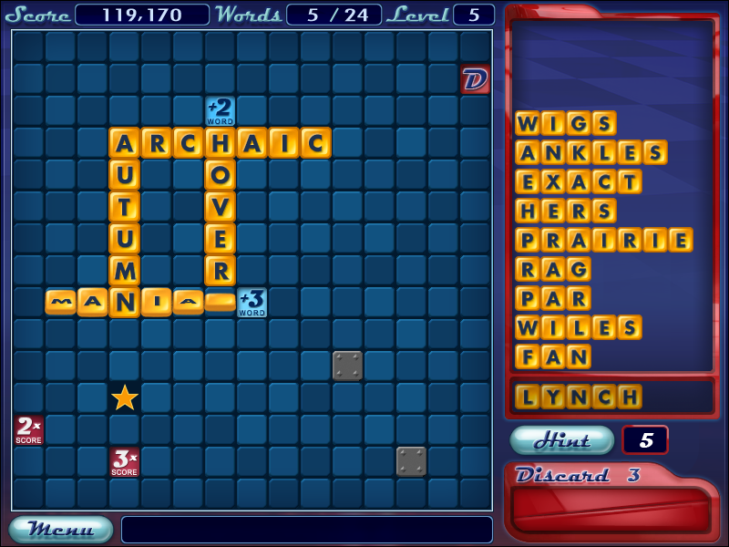 Word Slinger (Windows) screenshot: 'Manias' is played