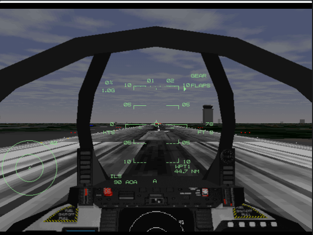 JetFighter III (DOS) screenshot: Preparing for take-off.