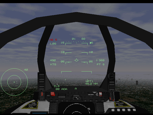 JetFighter III (DOS) screenshot: Buzzing Los Angeles.