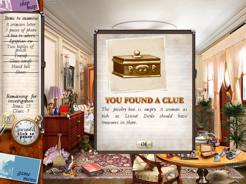 Agatha Christie: Death on the Nile (Windows) screenshot: Found a real clue by opening that box on the night stand.