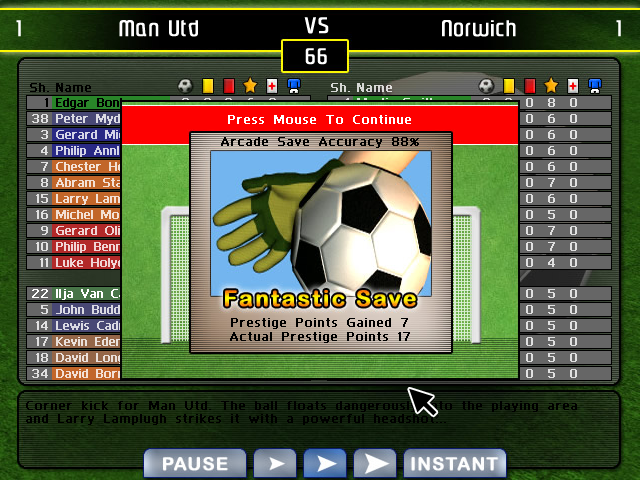 The Goalkeeper (Windows) screenshot: Big prestige gains for a great save