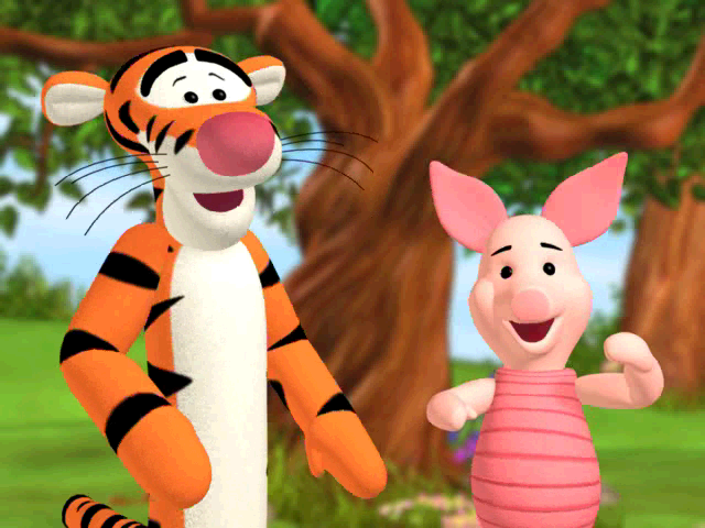 Playhouse Disney's The Book of Pooh: A Story Without a Tail (Windows) screenshot: Tigger counts the fruit on the ground and Piglet counts apples in the basket; how many all together?