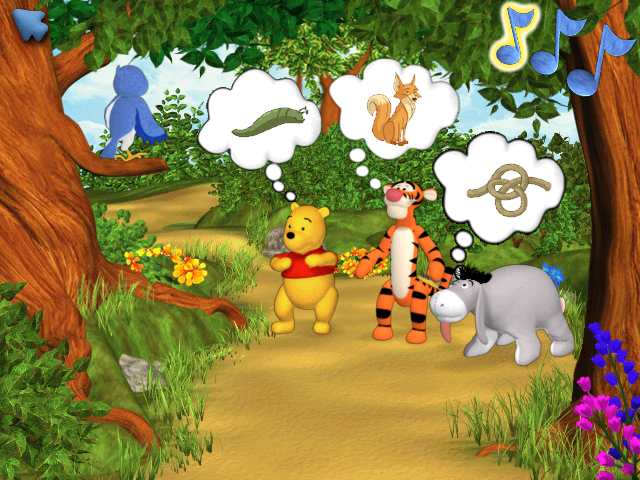 Playhouse Disney's The Book of Pooh: A Story Without a Tail (Windows) screenshot: Kessie singe her song and describes the word she needs to complete a rhyme - the player selects one of the images