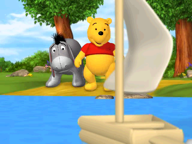 Playhouse Disney's The Book of Pooh: A Story Without a Tail (Windows) screenshot: Pooh and Eeyore launch a sailboat