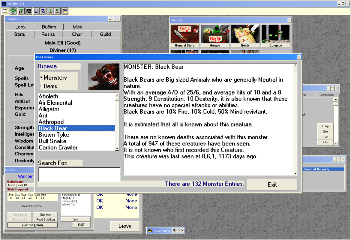 Mordor: The Depths of Dejenol (Windows 16-bit) screenshot: The library, accessible from the guilds, contains information on monsters that you have encountered.