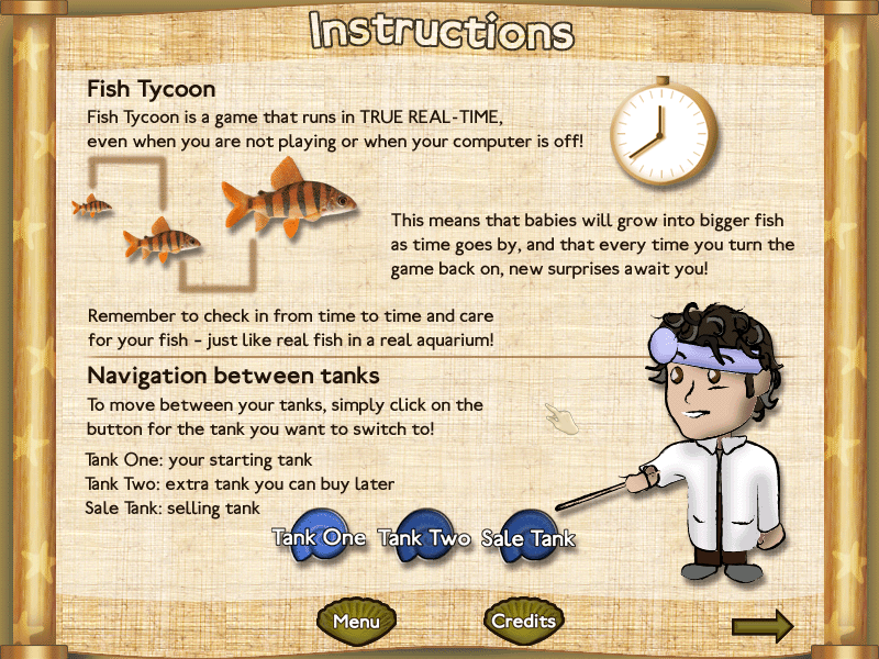 Fish Tycoon (Windows) screenshot: Explaining the gameplay