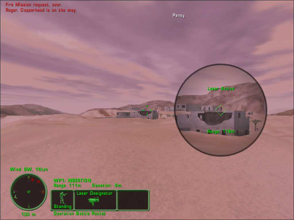 Delta Force: Land Warrior (Windows) screenshot: Here comes the laser guided bombs. Though it's not at all spectacular as you'd think. in fact it's happening in this screenshot.