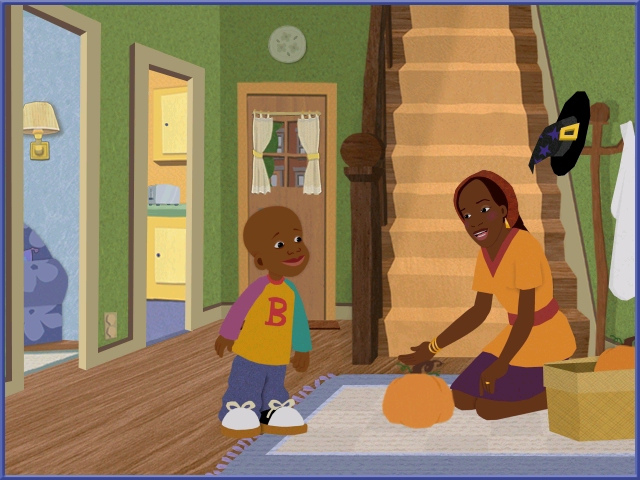 Little Bill Thinks Big (Windows) screenshot: Bill and his mom discuss how to use a pumpkin