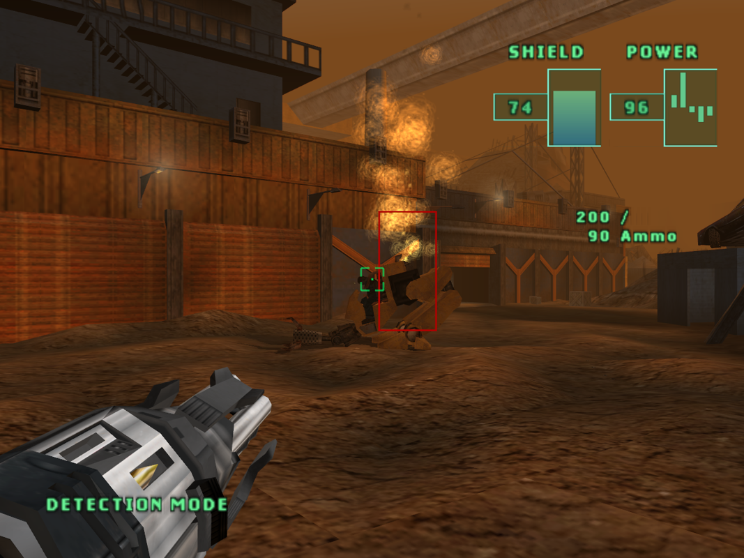 RoboCop (Windows) screenshot: The machine gun attachment takes out a large enemy.