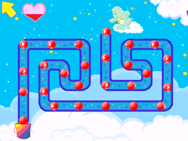 Care Bears: Let's Have a Ball! (Windows) screenshot: When the heart at top left fills up, this level is complete and Wish Bear rewards the player with a shower of mini-hearts