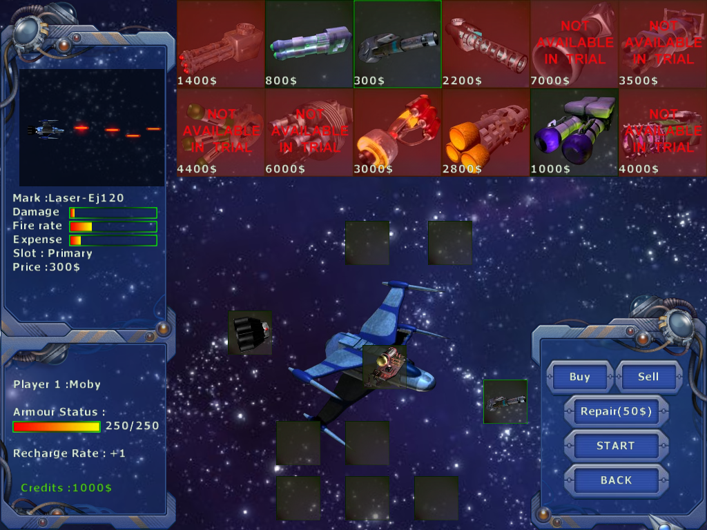 Star Blaze (Windows) screenshot: The shop screen where weapons can be bought