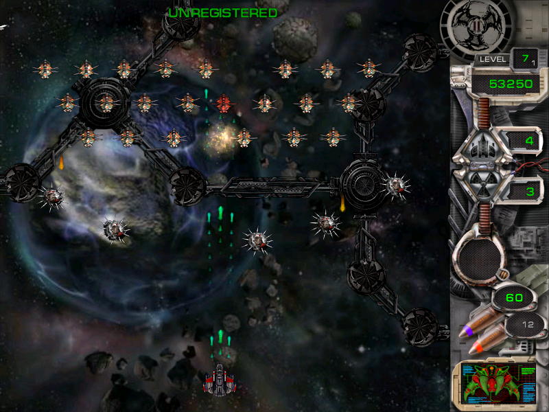 Star Defender II (Windows) screenshot: As the player's weapon upgrades, the enemy explosions increase