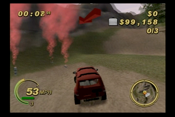 Smuggler's Run (PlayStation 2) screenshot: Follow the arrow to release contraband at the drop off point marked by red smoke.