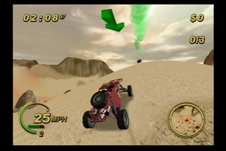 Smuggler's Run (PlayStation 2) screenshot: Your mission is to pick up contraband marked by green smoke.