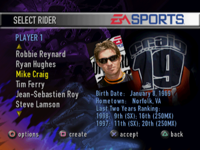 Supercross 2000 (PlayStation) screenshot: Choosing a rider.